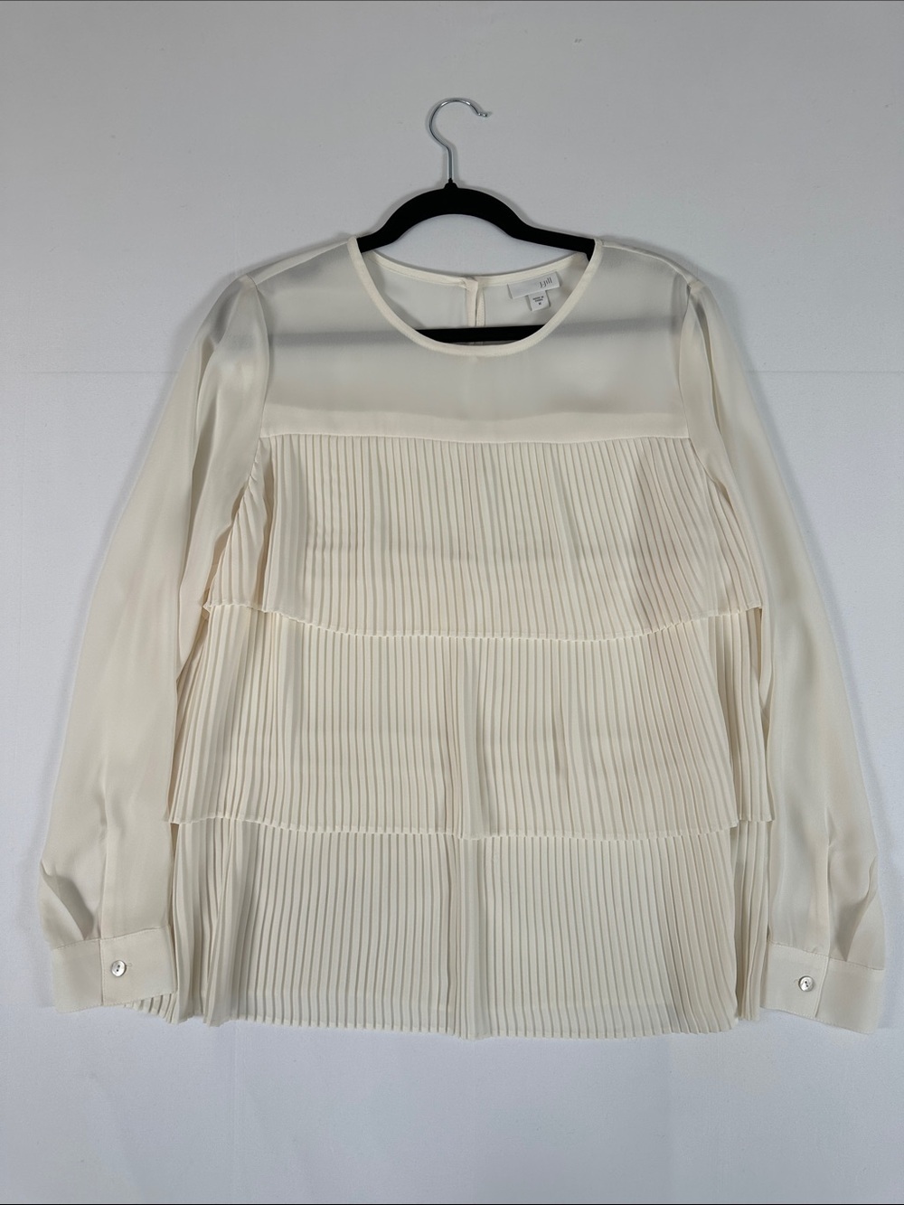 J Jill Cream Pleated Blouse Sheer Panel Layered Top Lightweight Size M Neutral